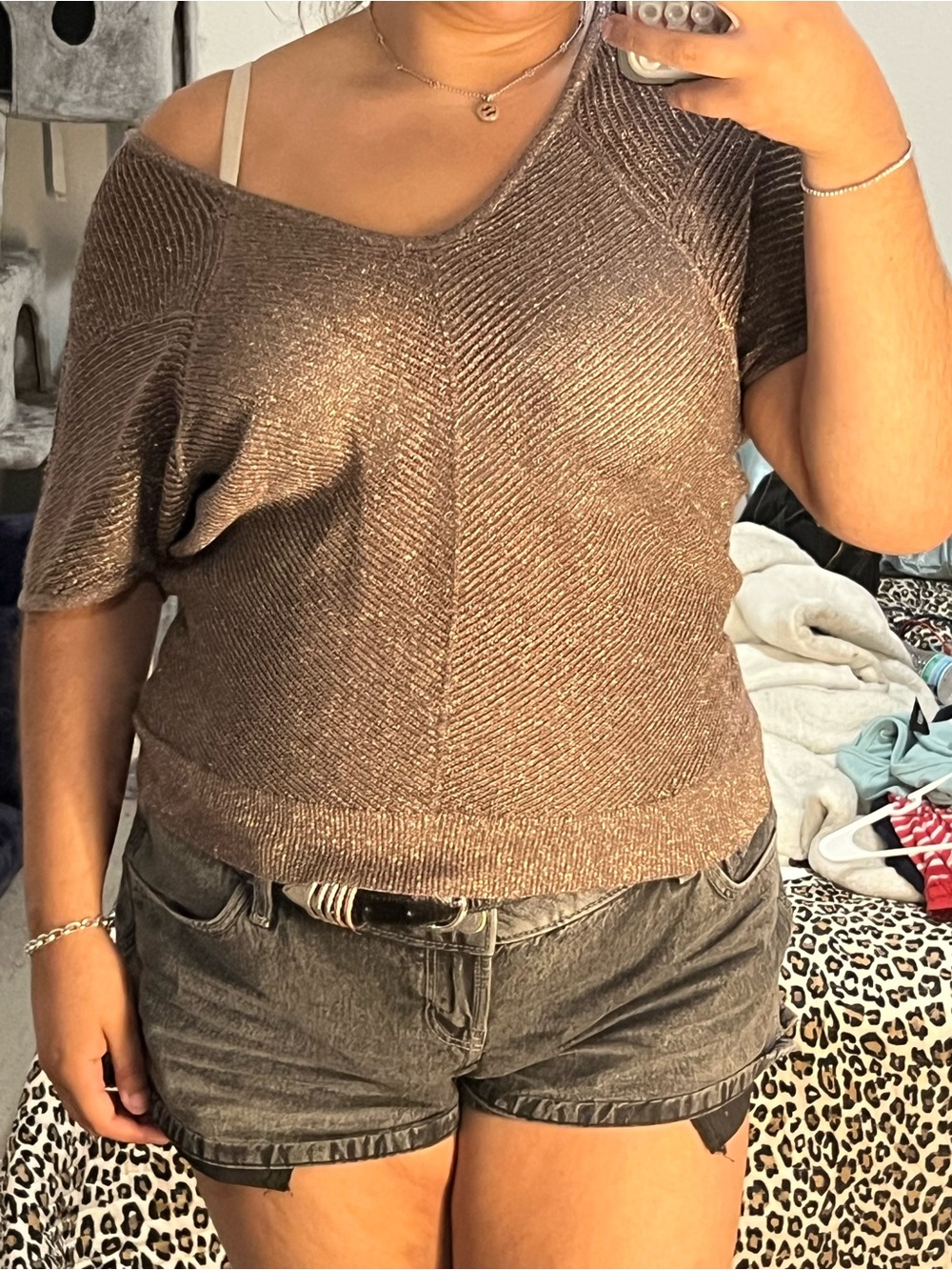 Xhilaration Metallic Gold and Brown Short-Sleeve Knit Sweater Top